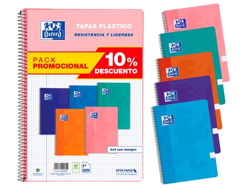 Caderno espiral oxford capa plastico folio 80 folhas quadricula 4 mm pack 5 unidades cores tendencias , Oxford , 154779 , 8412771020309